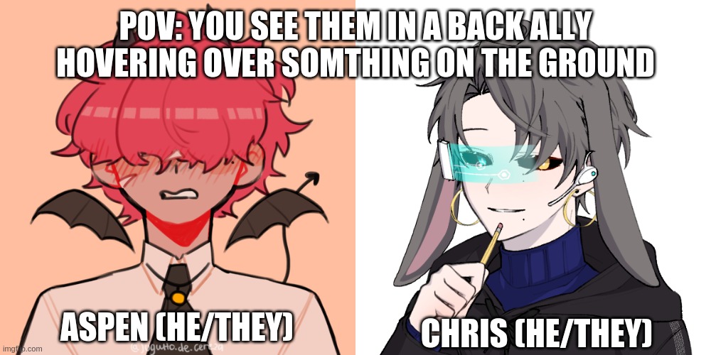 romance? if you want | POV: YOU SEE THEM IN A BACK ALLY HOVERING OVER SOMTHING ON THE GROUND; ASPEN (HE/THEY); CHRIS (HE/THEY) | image tagged in bean oc aspen,bean oc chris male | made w/ Imgflip meme maker