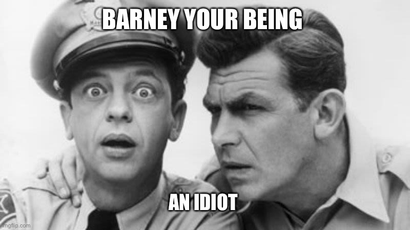 andy griffith and barney fife | BARNEY YOUR BEING; AN IDIOT | image tagged in andy griffith and barney fife | made w/ Imgflip meme maker