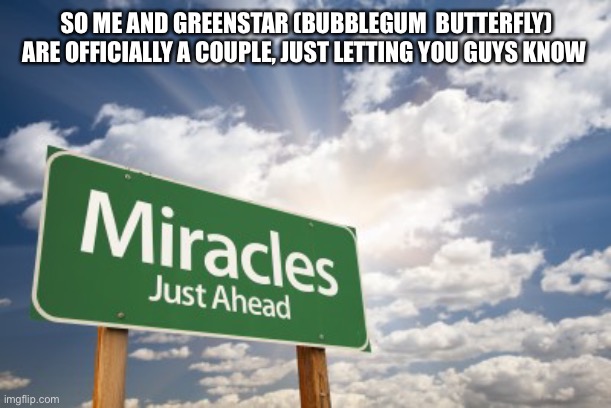 Teie | SO ME AND GREENSTAR (BUBBLEGUM  BUTTERFLY) ARE OFFICIALLY A COUPLE, JUST LETTING YOU GUYS KNOW | image tagged in miracles | made w/ Imgflip meme maker