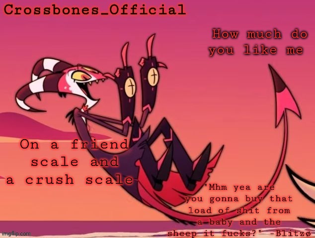 Crossbones new temp but its the funniest tagline | How much do you like me; On a friend scale and a crush scale | image tagged in crossbones new temp but its the funniest tagline | made w/ Imgflip meme maker