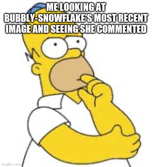 Homer Simpson Hmmmm | ME LOOKING AT BUBBLY-SNOWFLAKE'S MOST RECENT IMAGE AND SEEING SHE COMMENTED | image tagged in homer simpson hmmmm | made w/ Imgflip meme maker