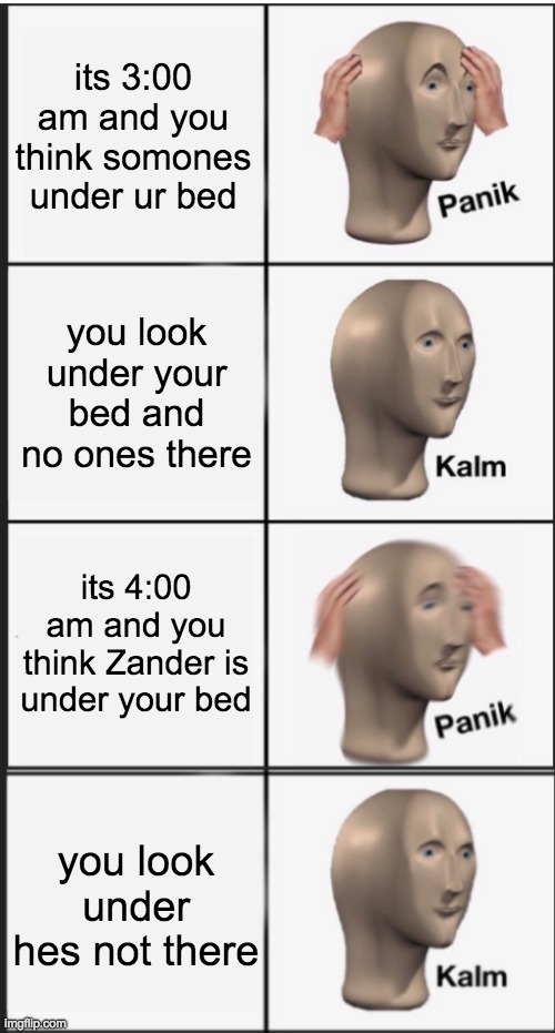 panik kalm panik kalm |  its 3:00 am and you think somones under ur bed; you look under your bed and no ones there; its 4:00 am and you think Zander is under your bed; you look under hes not there | image tagged in panik kalm panik kalm | made w/ Imgflip meme maker