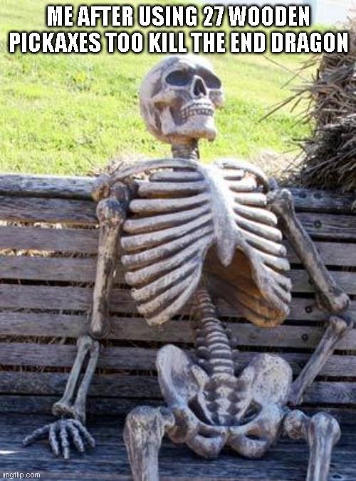 Waiting Skeleton | ME AFTER USING 27 WOODEN PICKAXES TOO KILL THE END DRAGON | image tagged in memes,waiting skeleton | made w/ Imgflip meme maker