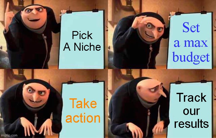 Gru's Plan Meme | Pick A Niche; Set a max budget; Take action; Track our results | image tagged in memes,gru's plan | made w/ Imgflip meme maker