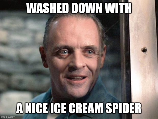 Hannibal Lecter | WASHED DOWN WITH A NICE ICE CREAM SPIDER | image tagged in hannibal lecter | made w/ Imgflip meme maker