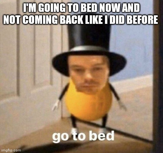 go to bed | I'M GOING TO BED NOW AND NOT COMING BACK LIKE I DID BEFORE | image tagged in go to bed | made w/ Imgflip meme maker