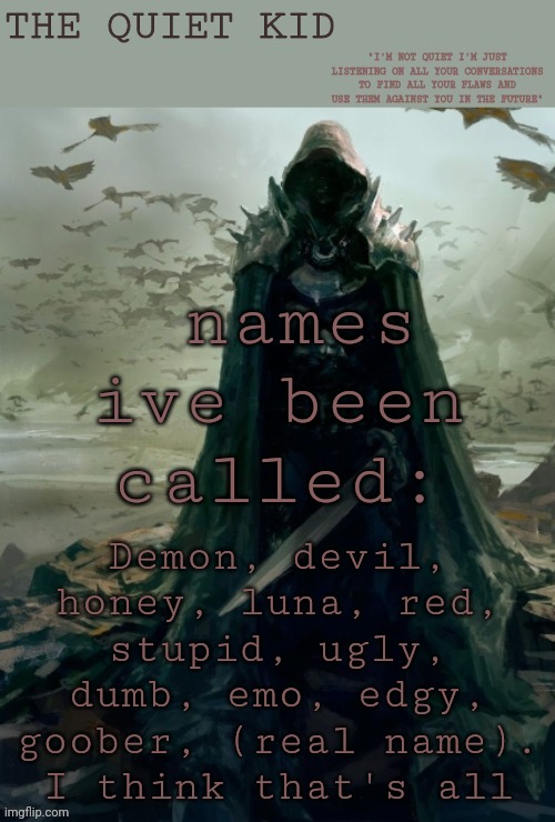 Quiet kid | names ive been called:; Demon, devil, honey, luna, red, stupid, ugly, dumb, emo, edgy, goober, (real name). I think that's all | image tagged in quiet kid | made w/ Imgflip meme maker