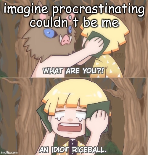 definatly not working on something that was assigned 1 week ago | imagine procrastinating couldn't be me | image tagged in an idiot riceball | made w/ Imgflip meme maker
