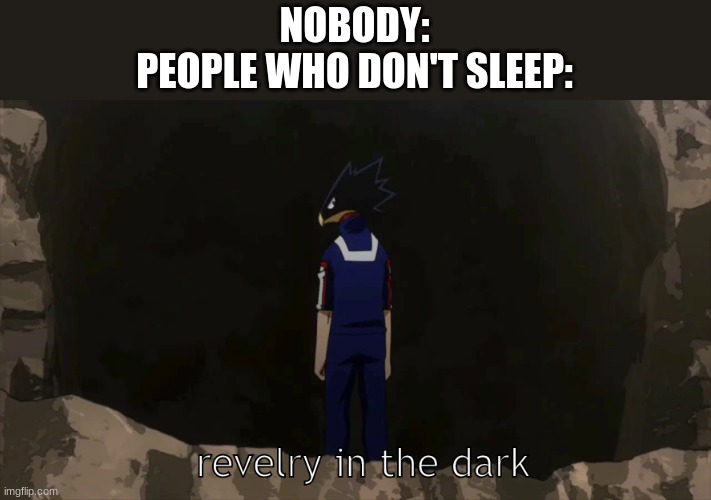 ANYWAYS I LOVE HE | NOBODY:
PEOPLE WHO DON'T SLEEP: | image tagged in revelry in the dark | made w/ Imgflip meme maker