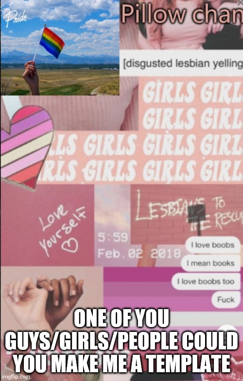 Because | ONE OF YOU GUYS/GIRLS/PEOPLE COULD YOU MAKE ME A TEMPLATE | image tagged in lesbian | made w/ Imgflip meme maker