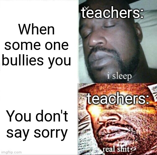 Sleeping Shaq | teachers:; When some one bullies you; teachers:; You don't say sorry | image tagged in memes,sleeping shaq | made w/ Imgflip meme maker