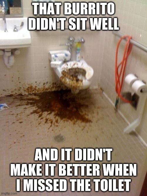 I had a burrito |  THAT BURRITO DIDN'T SIT WELL; AND IT DIDN'T MAKE IT BETTER WHEN I MISSED THE TOILET | image tagged in spicy food | made w/ Imgflip meme maker