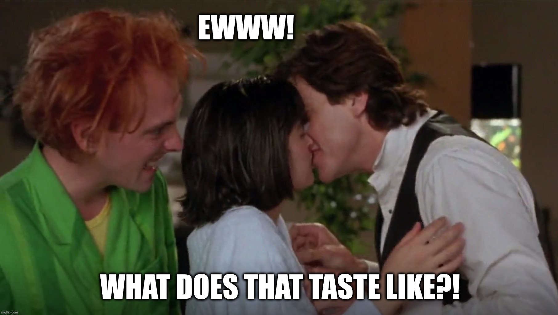 what does that taste like? | EWWW! WHAT DOES THAT TASTE LIKE?! | image tagged in drop dead fred,kissing,taste | made w/ Imgflip meme maker