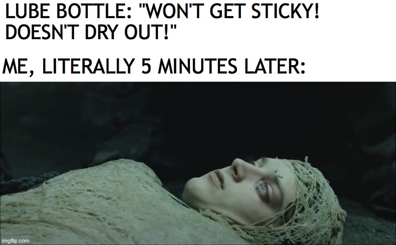 Non-sticky lube |  LUBE BOTTLE: "WON'T GET STICKY! 
DOESN'T DRY OUT!"; ME, LITERALLY 5 MINUTES LATER: | image tagged in frodo,lubricant,lube,web,frustrated,sad spiderman | made w/ Imgflip meme maker
