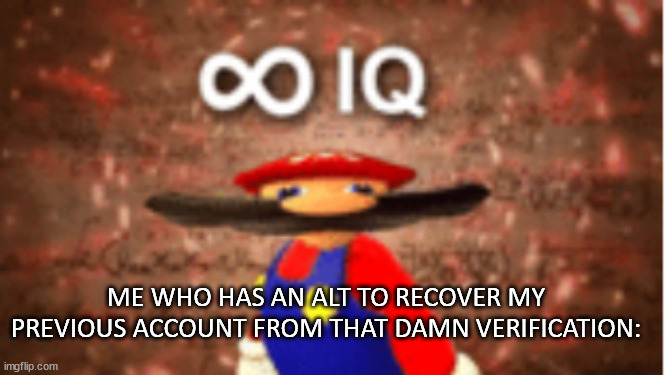 Infinite IQ | ME WHO HAS AN ALT TO RECOVER MY PREVIOUS ACCOUNT FROM THAT DAMN VERIFICATION: | image tagged in infinite iq | made w/ Imgflip meme maker