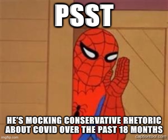 Oh, that’s what he’s doing? :) | PSST HE’S MOCKING CONSERVATIVE RHETORIC ABOUT COVID OVER THE PAST 18 MONTHS | image tagged in psst spiderman | made w/ Imgflip meme maker