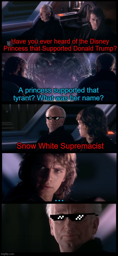A little bit of racist humor. | Have you ever heard of the Disney Princess that Supported Donald Trump? A princess supported that tyrant? What was her name? Snow White Supremacist; ... | image tagged in have you heard the tragedy of darth plagueis the wise,white supremacy,donald trump,star wars,palpatine,skywalker | made w/ Imgflip meme maker