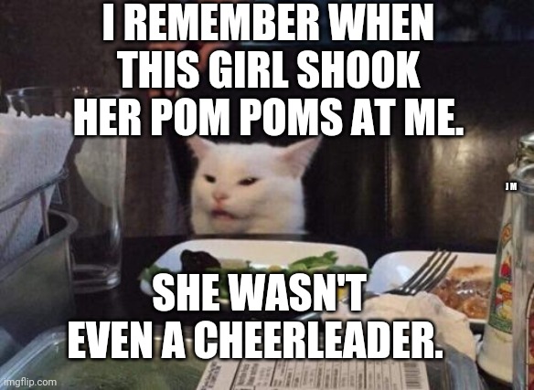 Salad cat | I REMEMBER WHEN THIS GIRL SHOOK HER POM POMS AT ME. J M; SHE WASN'T EVEN A CHEERLEADER. | image tagged in salad cat | made w/ Imgflip meme maker