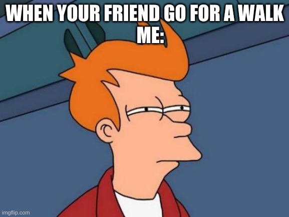 Futurama Fry | WHEN YOUR FRIEND GO FOR A WALK
   ME: | image tagged in memes,futurama fry | made w/ Imgflip meme maker