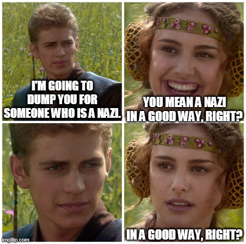 Nazi in a good way, right? | I'M GOING TO DUMP YOU FOR SOMEONE WHO IS A NAZI. YOU MEAN A NAZI IN A GOOD WAY, RIGHT? IN A GOOD WAY, RIGHT? | image tagged in nazi,i did nazi that coming,relationship goals,relationship memes,i m going to change the world for the better right star wars | made w/ Imgflip meme maker