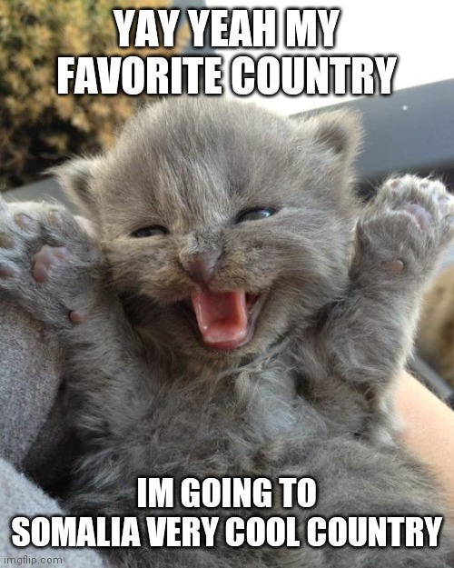 Yay Kitty |  YAY YEAH MY FAVORITE COUNTRY; IM GOING TO SOMALIA VERY COOL COUNTRY | image tagged in yay kitty | made w/ Imgflip meme maker