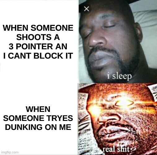 Try me b1tch | WHEN SOMEONE SHOOTS A 3 POINTER AN I CANT BLOCK IT; WHEN SOMEONE TRYES DUNKING ON ME | image tagged in memes,sleeping shaq | made w/ Imgflip meme maker
