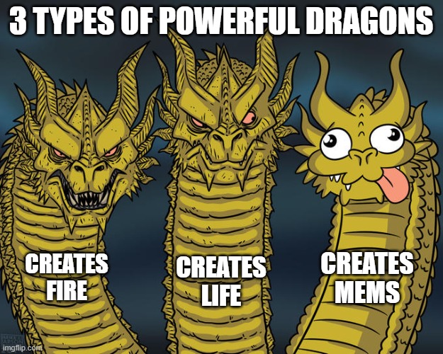 Three-headed Dragon | 3 TYPES OF POWERFUL DRAGONS; CREATES MEMS; CREATES FIRE; CREATES LIFE | image tagged in three-headed dragon,memes,funny,dragon | made w/ Imgflip meme maker