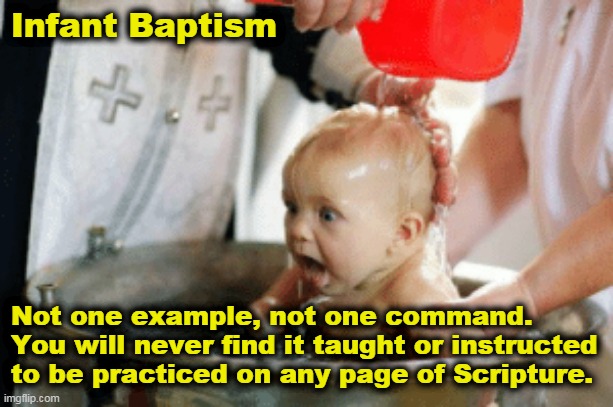 Infant Baptism is not Biblical | Infant Baptism; Not one example, not one command. You will never find it taught or instructed to be practiced on any page of Scripture. | image tagged in infant baptism,baptism,believer's baptism,credobaptism,paedobaptism,water baptism | made w/ Imgflip meme maker