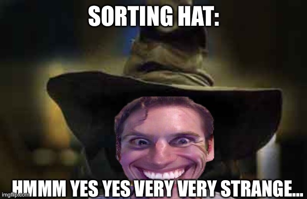 Harry Potter sorting hat | SORTING HAT:; HMMM YES YES VERY VERY STRANGE… | image tagged in harry potter sorting hat | made w/ Imgflip meme maker