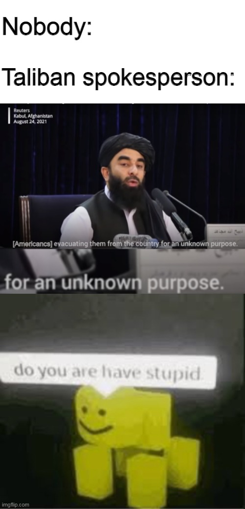 Taliban spokesperson: Americans evacuate them (Afghans) from the country for an unknown reason | image tagged in do you are have stupid,taliban,meme,stupid,stupid people | made w/ Imgflip meme maker