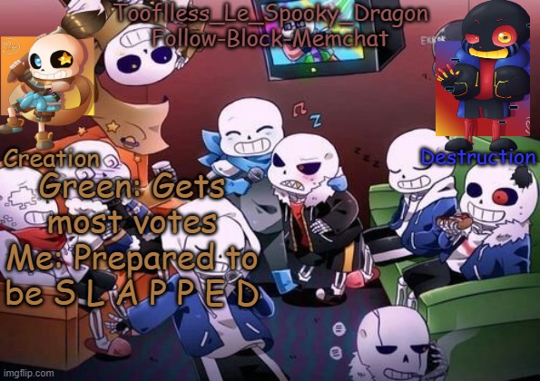 S L A P P | Green: Gets most votes
Me: Prepared to be S L A P P E D | image tagged in tooflless's undertale temp | made w/ Imgflip meme maker