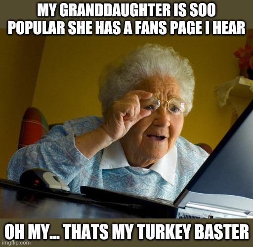 Cooking Channel? | MY GRANDDAUGHTER IS SOO POPULAR SHE HAS A FANS PAGE I HEAR; OH MY... THATS MY TURKEY BASTER | image tagged in memes,grandma finds the internet | made w/ Imgflip meme maker