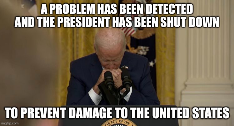 A PROBLEM HAS BEEN DETECTED AND THE PRESIDENT HAS BEEN SHUT DOWN; TO PREVENT DAMAGE TO THE UNITED STATES | image tagged in memes | made w/ Imgflip meme maker