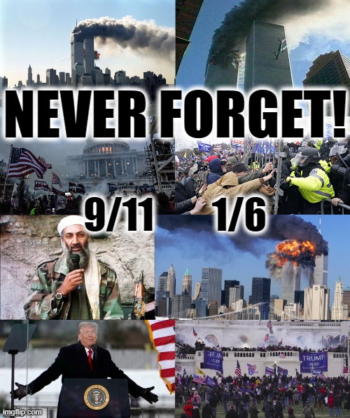 NEVER FORGET! 9/11 1/6 | NEVER FORGET! 9/11        1/6 | image tagged in never forget,trump,terrorist,maga,1/6,9/11 | made w/ Imgflip meme maker