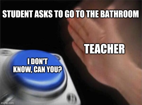 Blank Nut Button Meme | STUDENT ASKS TO GO TO THE BATHROOM; TEACHER; I DON'T KNOW, CAN YOU? | image tagged in memes,blank nut button | made w/ Imgflip meme maker