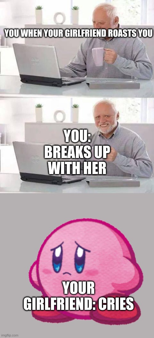 What | YOU WHEN YOUR GIRLFRIEND ROASTS YOU; YOU: BREAKS UP WITH HER; YOUR GIRLFRIEND: CRIES | image tagged in memes,hide the pain harold,girlfriend,roasted,break up | made w/ Imgflip meme maker