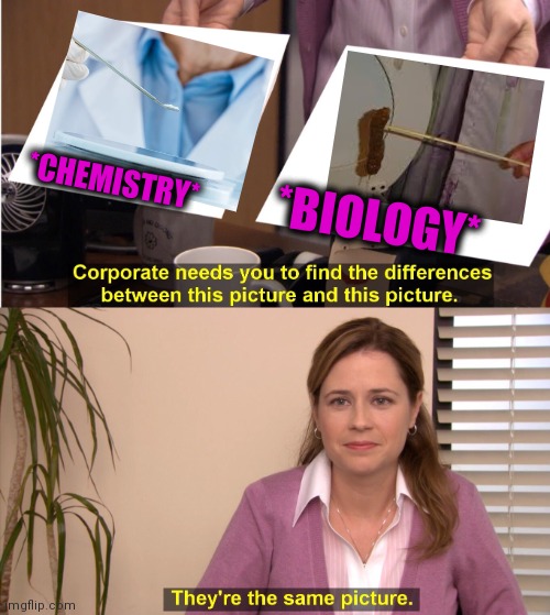 -We are educated well. | *CHEMISTRY*; *BIOLOGY* | image tagged in memes,they're the same picture,science fiction,poop,toilet humor,office space | made w/ Imgflip meme maker