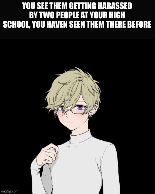 She/they pronouns for them, a potentially long rp, if you want romance they are attracted to males | YOU SEE THEM GETTING HARASSED BY TWO PEOPLE AT YOUR HIGH SCHOOL, YOU HAVEN SEEN THEM THERE BEFORE | made w/ Imgflip meme maker