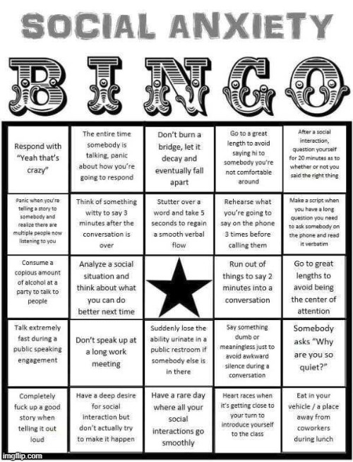 Social Anxiety Bingo | image tagged in social anxiety bingo | made w/ Imgflip meme maker