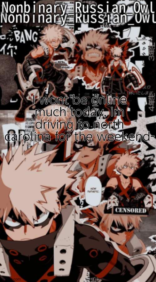 ughhh | I wont be online much today, im driving to north carolina for the weekend- | image tagged in nonbinarys bakugou temp | made w/ Imgflip meme maker