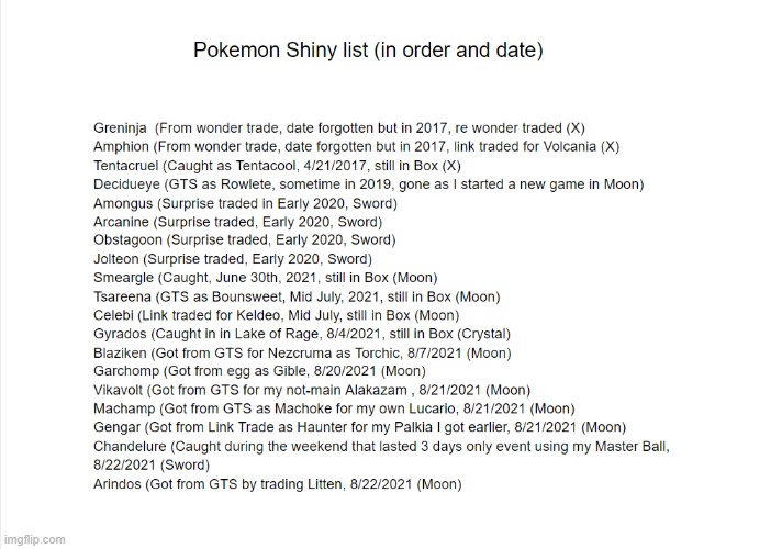 Updated Shiny list (none are hacked) | image tagged in shiny,pokemon | made w/ Imgflip meme maker