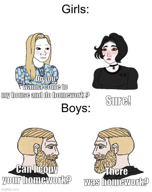 Boys vs Girls when there's homework | Do you wanna come to my house and do homework ? Sure! Can I copy your homework? There was homework? | image tagged in yes chad boys vs girls | made w/ Imgflip meme maker
