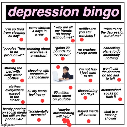 Depression bingo | image tagged in depression bingo | made w/ Imgflip meme maker