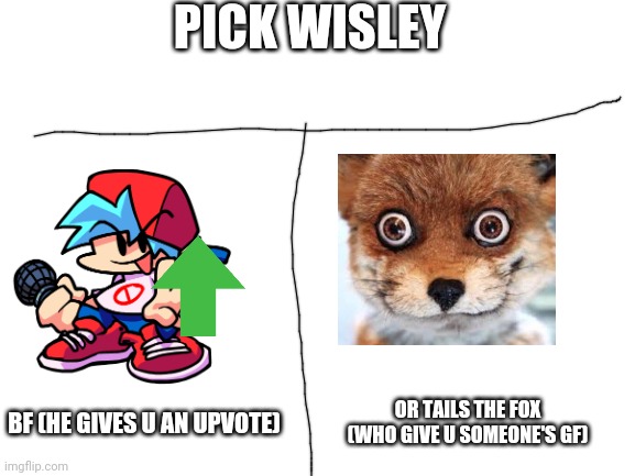 Blank White Template | PICK WISLEY; OR TAILS THE FOX (WHO GIVE U SOMEONE'S GF); BF (HE GIVES U AN UPVOTE) | image tagged in blank white template | made w/ Imgflip meme maker