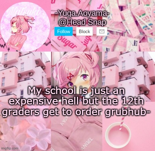 Natsuki temp | My school is just an expensive hell but the 12th graders get to order grubhub- | image tagged in natsuki temp | made w/ Imgflip meme maker