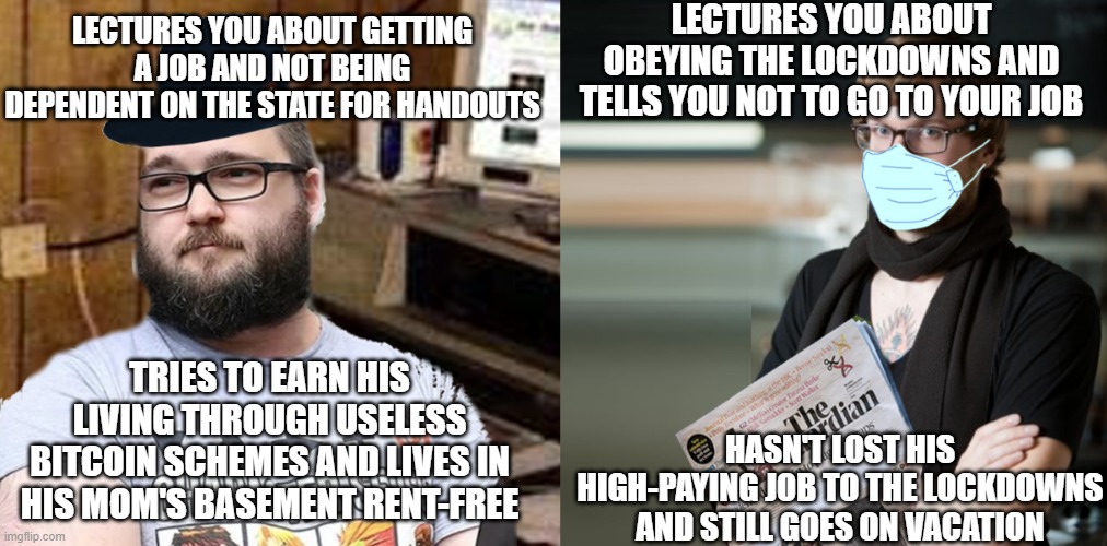 Libertarian bloggers and leftist mainstream media journalists can hypocritical in their own ways | LECTURES YOU ABOUT OBEYING THE LOCKDOWNS AND TELLS YOU NOT TO GO TO YOUR JOB; LECTURES YOU ABOUT GETTING A JOB AND NOT BEING DEPENDENT ON THE STATE FOR HANDOUTS; HASN'T LOST HIS HIGH-PAYING JOB TO THE LOCKDOWNS AND STILL GOES ON VACATION; TRIES TO EARN HIS LIVING THROUGH USELESS BITCOIN SCHEMES AND LIVES IN HIS MOM'S BASEMENT RENT-FREE | image tagged in guardian hipster,mainstream media,media lies,neckbeard libertarian,basement dweller,hypocrisy | made w/ Imgflip meme maker