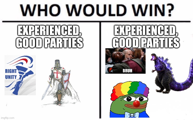 Everyone have a good time! | EXPERIENCED, GOOD PARTIES; EXPERIENCED, GOOD PARTIES | image tagged in memes,who would win | made w/ Imgflip meme maker