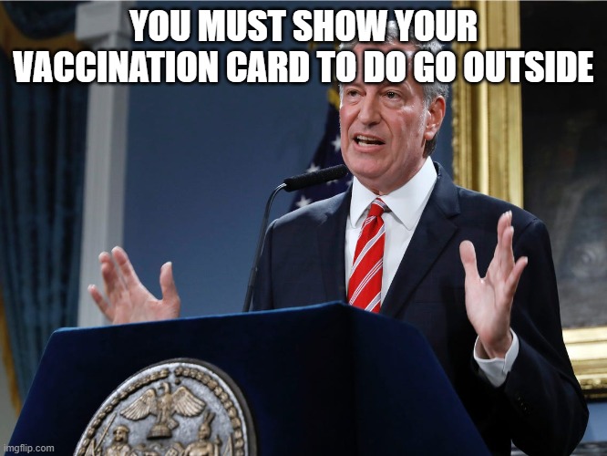 Mayor bill de Blasio explains himself | YOU MUST SHOW YOUR VACCINATION CARD TO DO GO OUTSIDE | image tagged in mayor bill de blasio explains himself | made w/ Imgflip meme maker