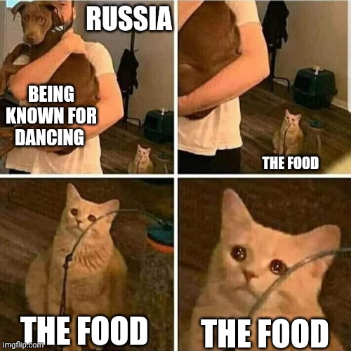 Sad Cat Holding Dog | RUSSIA; BEING KNOWN FOR DANCING; THE FOOD; THE FOOD; THE FOOD | image tagged in sad cat holding dog | made w/ Imgflip meme maker