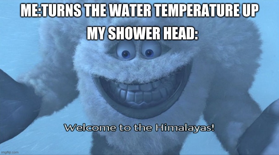 this always happens | MY SHOWER HEAD:; ME:TURNS THE WATER TEMPERATURE UP | image tagged in welcome to the himalayas | made w/ Imgflip meme maker